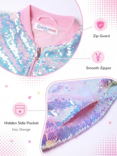 Image of WELAKEN Unicorn Sequin Jacket for Girls Kids Toddler Sparkle Zipper Bomber Jacket with Pockets