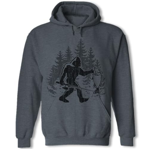 Bigfoot Fishing Hoodie - Funny Sasquatch Fisherman Pullover - Bigfoot Angler Hooded Sweatshirt - Fishing Outdoorsman Heavy Blend Sweater - HA2712