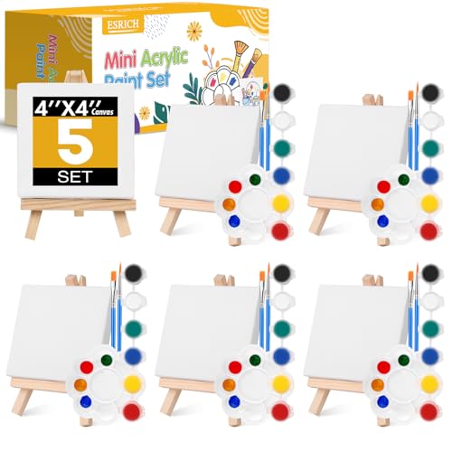 ESRICH Conjunto de 5 mini conjuntos de tintas acrílicas, kit de pintura em tela Minis, presentes de festa de São Patrício, tela de 10 x 10 cm com cavalete, tintas acrílicas, pincel, paleta, mini