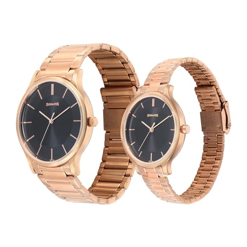 Sonata Pair Quartz Analog Black Dial Stainless Steel Strap Watch for Couple_7710587050WM01