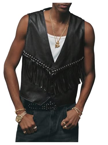 Men's PU Leather Outerwear Vest Y2k Studded Tassel Deep V Neck Western Jacket