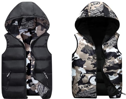WIEAYUMEI Enfants Puffer Matelassé Gilet Veste Filles Garçons Doudoune Sans Manche Gilet à Capuche Veste Hiver Manteaux Noir 13-14 ans