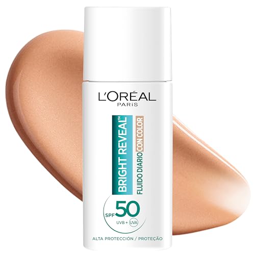 L'Oréal Paris Bright Reveal Fluido Hidratante Anti-manchas con Filtro UV SPF 50+, Para Todo Tipo de Piel, Protección y Reducción de Manchas, Con Niacinamida y Vitamina E, Tono Claro, 50 ml