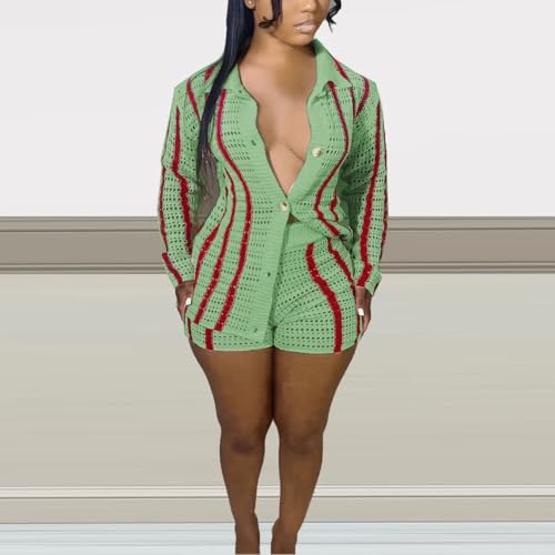 Image of Womens Fashion Stripe Knit Sweater Cardigan 2 Piece Outfits,Long Sleeved Woollen Cardigan and Shorts Suit