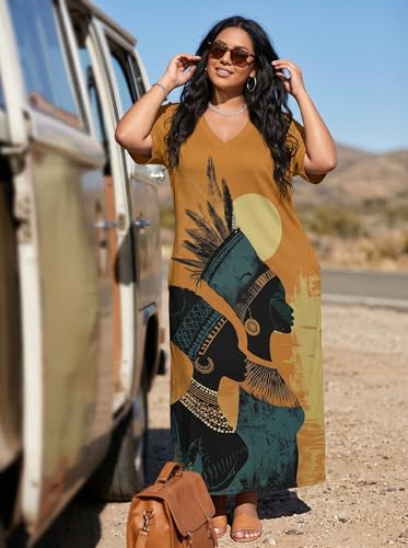 Image of Plus Size Maxi Dress for Women Short Sleeve V Neck Casual Loose Sundress with Pockets