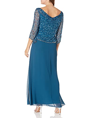 J Kara Women's Long Beaded Dress With Cowl Neck, Teal/Mercury, 16 #TOP1