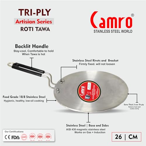 Image of Camro Roti Tawa | Triply Artisian Tawa 26cm | Kitchen Cookware Tawas | Induction Base Roti Tava | Perma-Cool Sturdy Handles | Base & Induction Friendly Compatible | Gas Stovetop Compatible