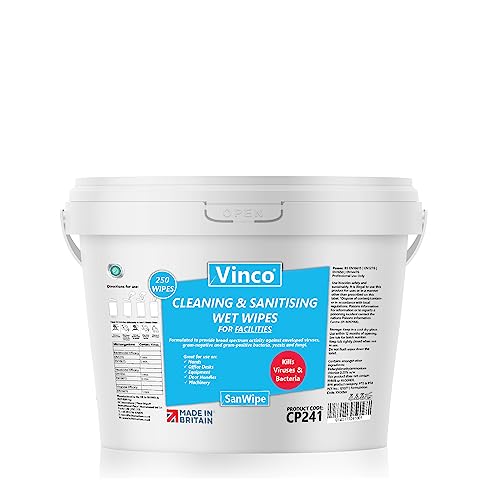 Vinco-SanWipe, Wet Wipes for Cleaning, Disinfecting & Sanitising, 250 Large Wipes per bucket, Antibacterial & Antiviral. Kills 99.99% of Germs