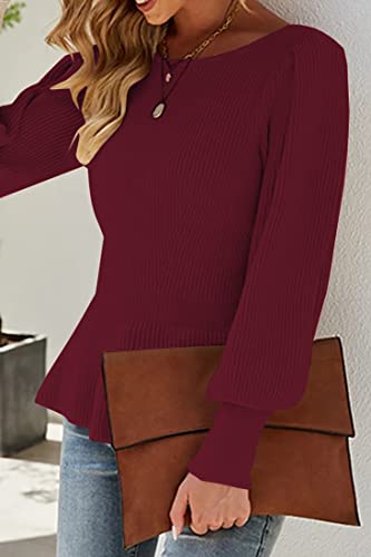 Image of Womens Fall Puff Sleeve Peplum Casual Slim Fit Knit Pullover Sweater Jumper Tops