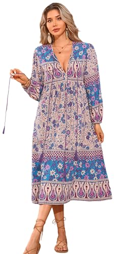 R.Vivimos Women's Long Sleeve Floral Print Retro V Neck Tassel Bohemian Midi Dresses (Small, Purple)
