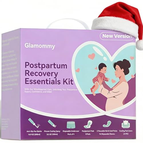 Glamommy Postpartum Recovery Essentials Kit for Women, Labor & Delivery Postpartum Care, Peri Bottle, Cooling Spray, Disposable Postpartum Underwears, Postpartum Pads, Hot&Cold Packs, Soothing Liners