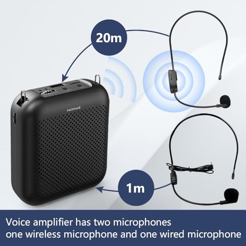 Norwii Voice Amplifier Wireless Microphone , 4000mAh Portable Rechargeable Bluetooth Mini Personal Speaker with 2 Headset Microphones for Teachers, Classroom, Meetings and Tour, Black