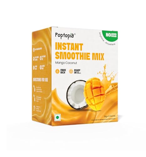 Image of Poptopia Mango Coconut Smoothie Mix | Smoothie CHAMP | No Added Preservatives or Colors | A Quick, Nutritious, and Delicious drink | All Natural, 0% Sugar | Pack of 5 = 125gms = ~1Litre Fresh Smoothie | Ready in 15 seconds | 100% Vegan & Gluten free