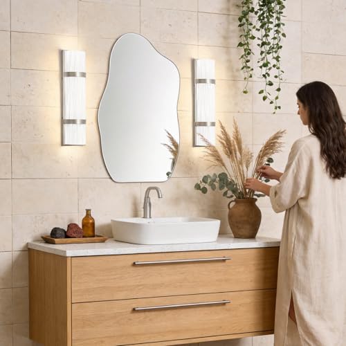 Image of LED Bathroom 16 Inch Vanity Lighting Fixtures | CRI 90 4000K Brushed Nickel Wall Sconce Set of Two with White Frosted Glass Shade | 120V 15W 1200LM Dimmable with Dimmer Switch(not Included)