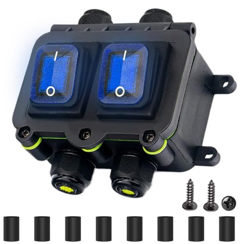 MKBKLLJY IP68 Waterproof Inline Cord Switch DPST DC 12V 20A 4 Pin 2 Position Toggle Switch Outdoor Waterproof Box Two Side Entry And Exit Line ON/OFF With Blue Light KCD4 Screws Heat Shrink Tubing