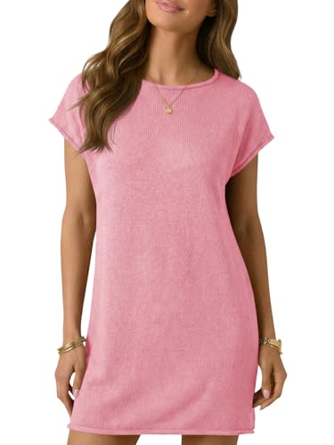 Wenrine Womens Summer Mini Dress Casual Knitted Short Cap Sleeve