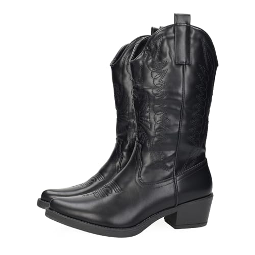 ZAPATOP U8A-AX8320-2 Botas Cowboy Mujer Diseño Bordado Imitación Piel Botas con Cremallera Tacón 5 cm Mujer Moda Viejo Oeste MUJER BOTINES NEGRO 39