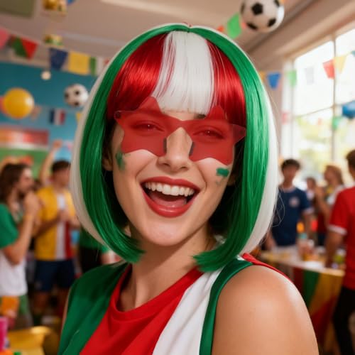Image of ANOGOL Green White Red Bob Wig with Bangs Short Green Wigs for Women