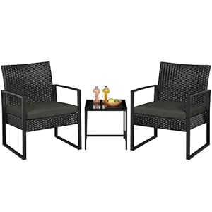 Yaheetech 3 Pieces Rattan Bistro Set, Indoor/Outdoor Wicker Patio Modern Conversation Furniture, 2 Chairs & Tempered Glass Coffee Table for Garden, Balcony, Backyard, Poolside, Black/Gray