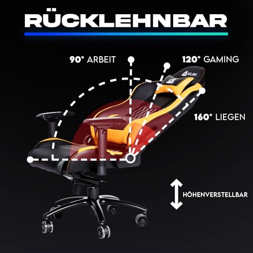 KLIM Esports Gaming Stuhl – PC Sessel mit 4D-Armlehnen, 170 kg Belastbarkeit, Verstellbare Rückenlehne, Ergonomisch mit Kopf- & Lendenkissen, Leise Rollen – Gelb