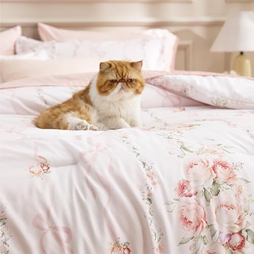 Image of Bedsure Comforter Set Twin Size - Cute Floral Bedding Comforter Set, 2 Pieces, 1 Soft Reversible Pink Dogwood Garden Flowers Comforter and 1 Pillow Sham