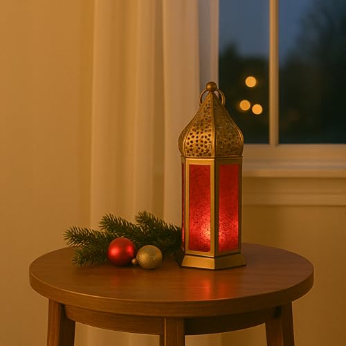 Image of MARKET 99 Metal & Glass Moroccan Lantern with Embossed Glass | Christmas & Holiday Candle Holder, Festive Home Decor, Diwali, Birthday & Wedding Decoration-Golden & Red | (Use LED T-Light only)