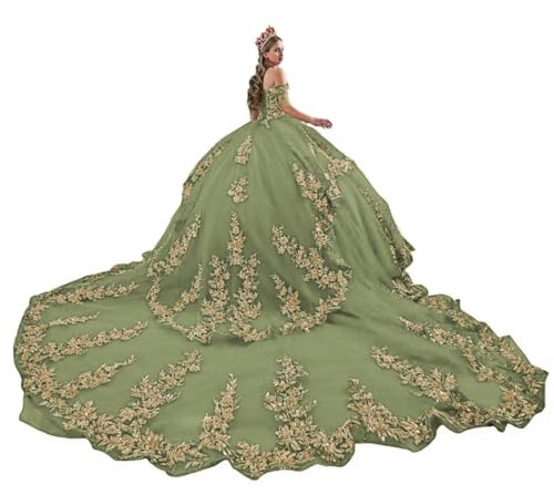 Gorgeous Gold Lace Tulle Quinceanera Dresses Tiered Long Train Ball Gowns with Tassels Off Shoulder Sweet 16 Dress