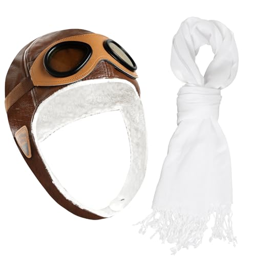 Pistha Pilot Aviator Costume for Kids Retro Aviator Hat Pilot Hat with Goggles and Withe Scarf Brown
