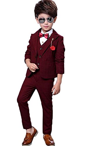 Boys 3Pcs Vintage Style Suit Solid Dress Suit Jacket Vest Pants and Wedding Tuxedo Waistcoat (Wind Red, 2-3Years)