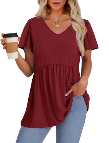 Image of OFEEFAN Womens Summer Tops Babydoll Short Sleeve Shirts Puff Sleeve Peplum Tops V Neck T Shirts