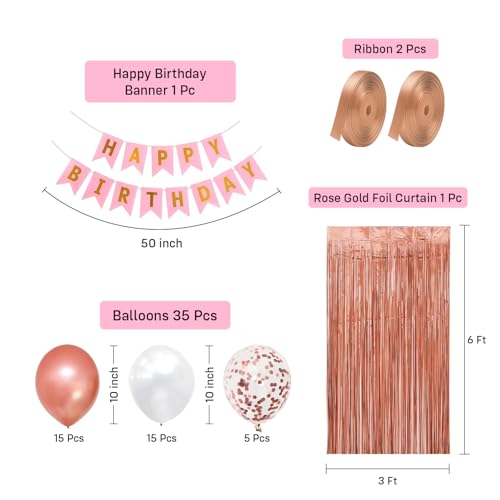 Image of Party Propz Rose Gold Birthday Decoration Kit - 39 Pcs with Happy Birthday Banner, Rose Gold Balloons, White Balloons, Foil Curtains, Confetti Ballons, Ribbons