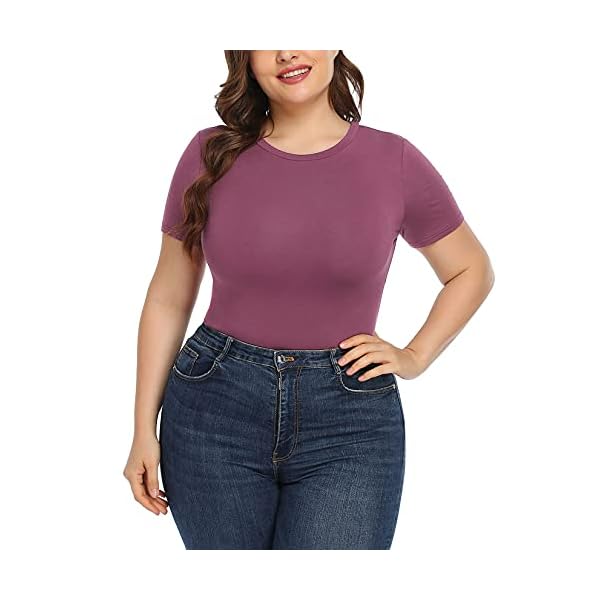 POSESHE-Womens-Plus-Size-Crew-Neck-Round-Neck-Short-Sleeves-Slim-Fit-Casual-Basic-Extender-Bodysuit-Daily-Jumpsuit-T-Shirts POSESHE Women's Plus Size Summer Round Neck Short Sleeve T Shirts Basic Bodysuits Mauve XX-Large