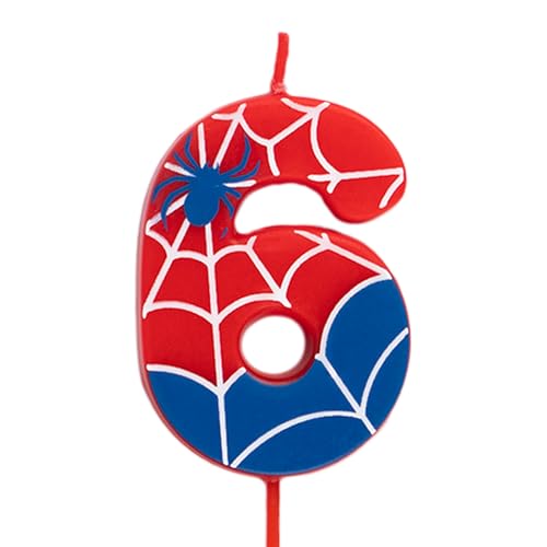 OH YEAH - Velas de número 6 aranhas para bolos, números de 0 a 9 - 6 cm, perfeitas para bolos infantis, cor vermelho e azul com teias de aranha e aranha, vela de aniversário infantil, festa teias de aranha