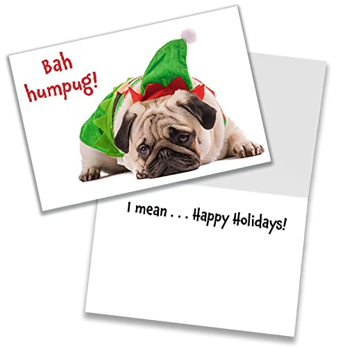 Allynn's Funny Dog Christmas Cards Boxed with Envelopes, Grumpy Pug Proclaiming Bah Humpug!, 20 Dog Themed Christmas Cards with 21 White Envelopes