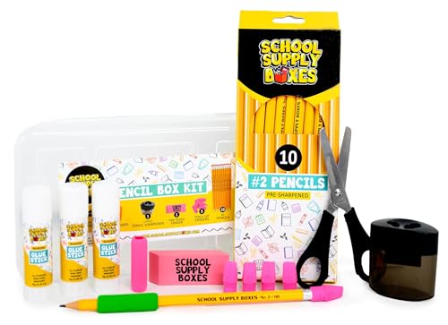 Back to School Supply Box Grades K-5 - School Supply Boxes - 32 Piece School Supplies Kit Includes Markers, Crayons, Pencils, Scissors, Folders, Glue Sticks, Notebook, and Composition Book