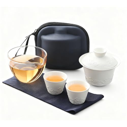 PANJIE 旅行ティーセット 茶器セット 和風 急須 おしゃれ 持ち運びに便利 陶器 1〜2人用 中国茶器セット 家庭、オフィス、旅行、キャンプ、出張、ギフトなどに適しています 収納バッグ付き (ホワイト)