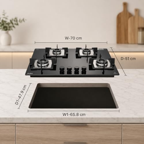 Image of Glen 4 Burner Premium Hobtop 70 cm Built in Hob | Auto Ignition | Italian SABAF Double Ring Burners | 8 mm Toughened Glass Top | Black | 2 Years Standard & 5 Years Glass Warranty (1074SQHTIN70)