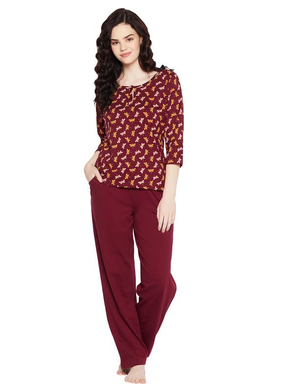 Image of Clovia Women's Cotton Butterfly Print Top & Solid Pajama Set