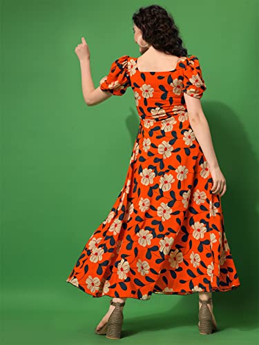 Sheetal Associates Women's Puff Sleeve V-Neck Floral Printed Fit & Flare Casual Maxi Dress
