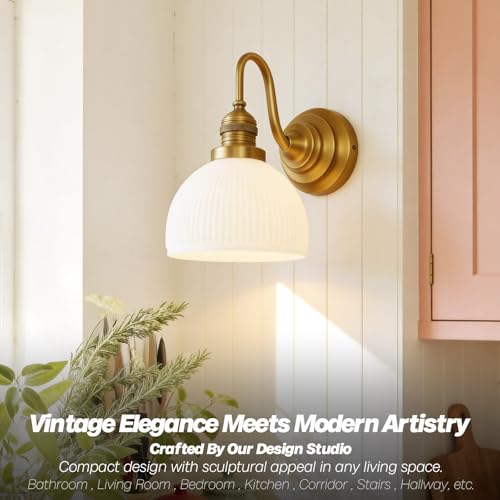 Image of Brass Gold Wall Sconce Vintage Milk Glass Bathroom Vanity Light | Bathroom Wall Sconces,Antique Brass,Thick Half-Round Glass Shade,Hardwired,E26 Base,for Bathroom Mirror Hallway Kitchen