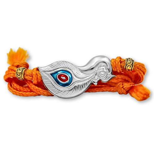 Image of 925 Sterling Silver Rakhi with Peacock Design for Brother, Handmade Orange Thread Rakhi for Raksha Bandhan Gift