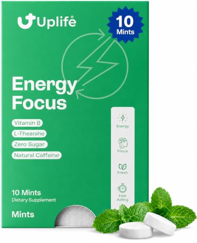 Image of UPLIFE Energy and Focus Mint 10 Pcs - Made in USA - 40mg Natural Caffeine + 80mg L-Theanine + Niacin Vitamin B3 & B12 - Sugar-Free, Vegan - Natural Caffeine Mint Coffee Alternative - Peppermint