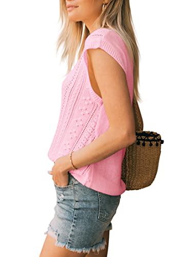 Image of Langwyqu Womens Cap Sleeve Tops Summer Crew Neck Shirt Lightweight Crochet Knit Sweater
