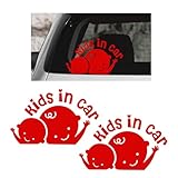 STURIOS 2PCS Kids in Car Decal, Reflective Baby on Board Sign Kids in Car Sticker for Safety Driving, Waterproof Decal Cute Waving Kid in Cars Bumper Sticker Safety Warning Sign (Red)