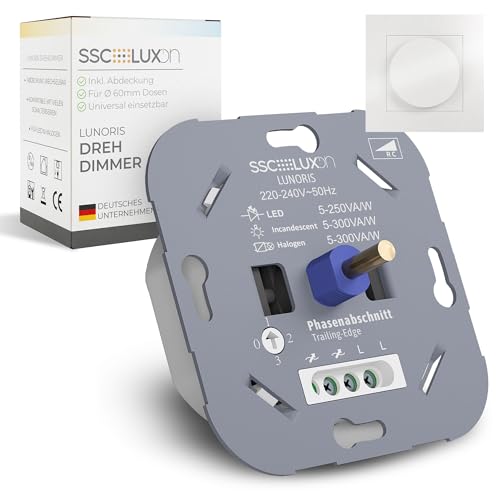SSC-LUXon LUNORIS Universal Drehdimmer Unterputz 5-250W LED Halogen - Phasenabschnitt Dimmer 230V für Unterputzdose 60mm Abdeckung weiß
