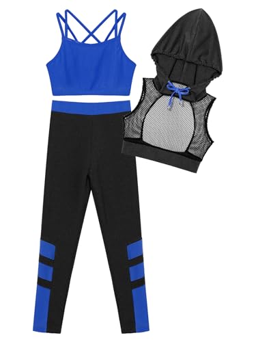 Girls 3 Pcs Gymnastics Dance Sports Outfits Crop Hoodies Tank Top with Jogger Pants Set for Hip Hop Streetwear
