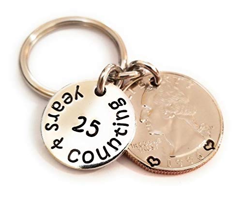 25 Years and Counting Hand Stamped 1996 Key Chain 25th Anniversary Gift for Husband or Wife