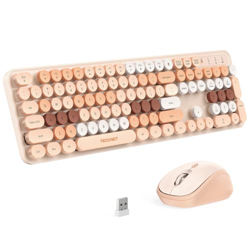 Image of TECKNET Wireless Keyboard and Mouse Combo, Dual Bluetooth & 2.4G, Full Size Retro Typewriter Keyboard with Number Pad, Quiet Round Keys, Colorful Design for Laptop, PC, Tablet, Home Office
