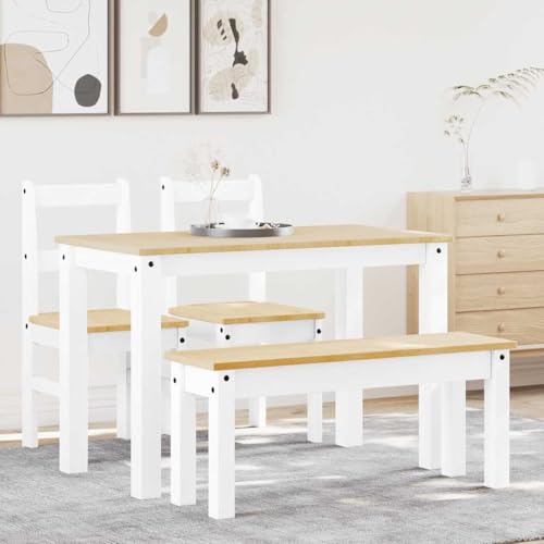 Homgoday Juego de Comedor Panama 4 pzas Madera Maciza de Pino Blanco Conjunto Mesa y sillas de Comedor, sillas Comedor, Set Muebles de Cocina para el Hogar, la Oficina y el Café