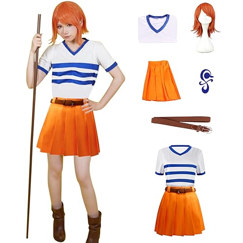 HNZQE Women Nami Cosplay Costume Girl Anime Uniform Dress Pleated Skirt T-shirt...